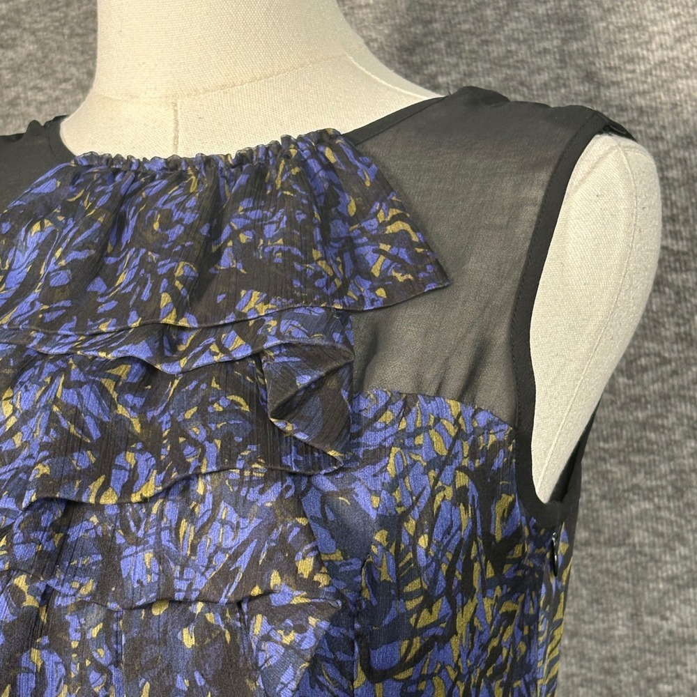 Kensie Womens Abstract Print Ruffle Mesh Sleeveless Dress Blue Black Small - Picture 6 of 15